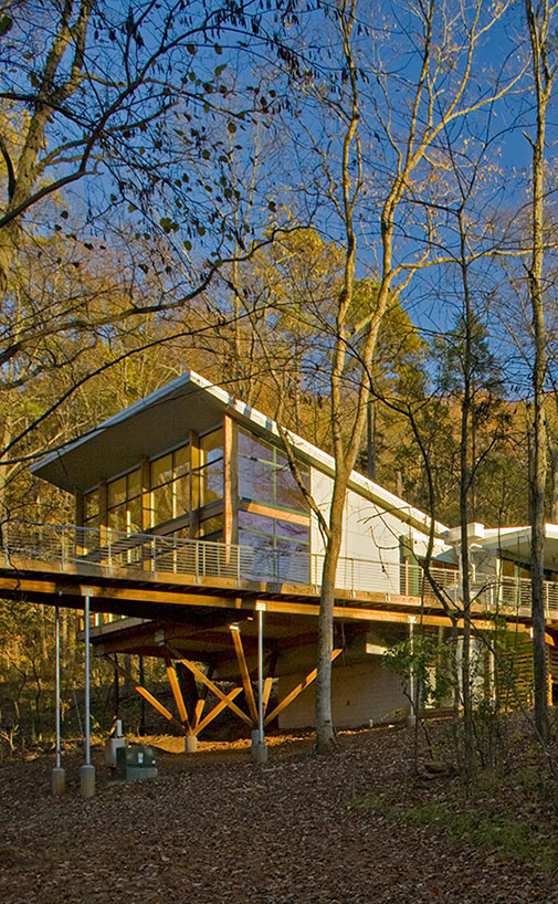 Ruffner Mountain Nature Center and Park in Birmingham AL; 1011-acre master planned nature preserve with a LEED Gold certified nature center at the primary trailhead; sustainable nature center with animal exhibits + public meeting facilities + outdoor pavilion; green roof and rainwater harvesting; architecture – interior design – planning – landscape architecture by KPS Group Inc
